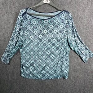 Lands End Womens 2X Blue Medallion Boatneck 3/4 Sleeve Top 505883 20W-22W